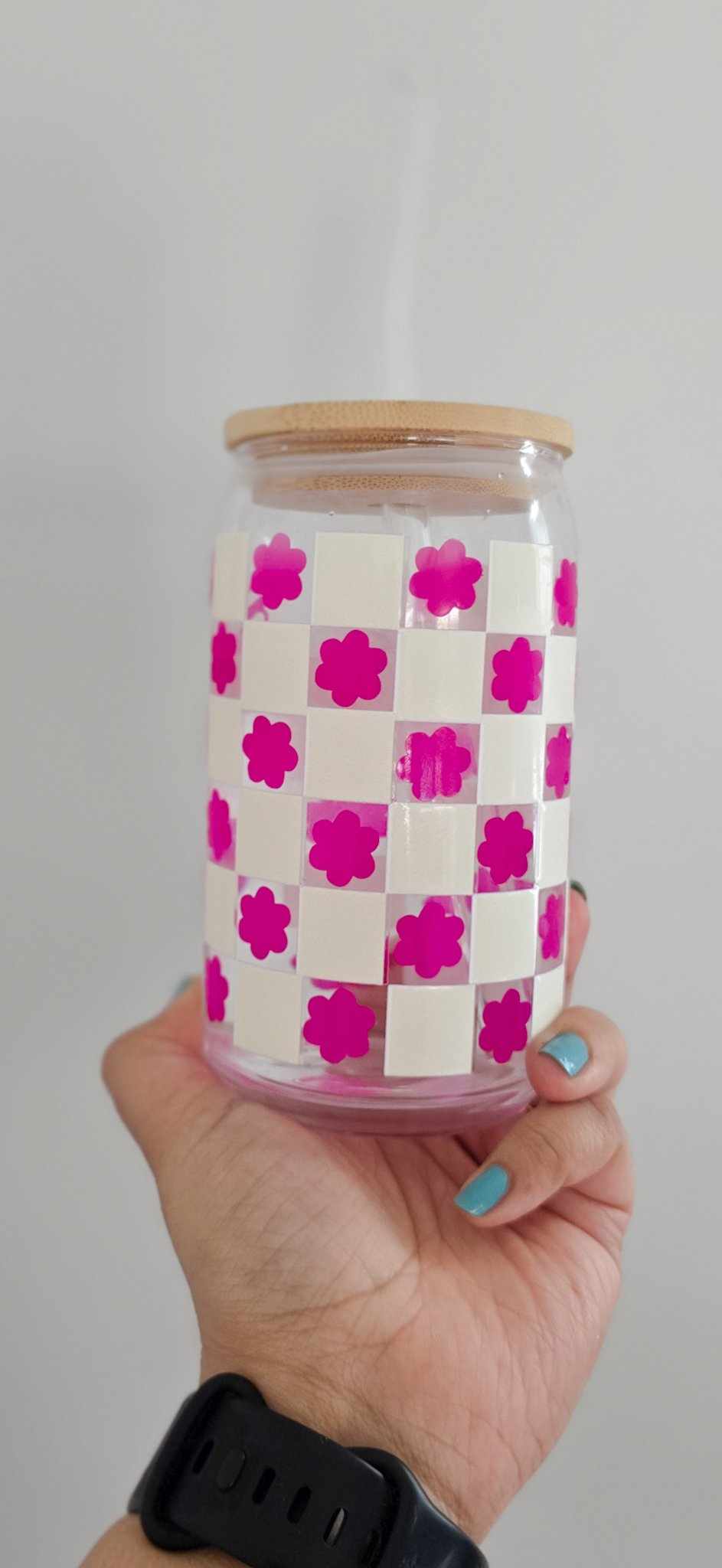 Custom Checkered Flower Color Changing 16OZ Glass Cup