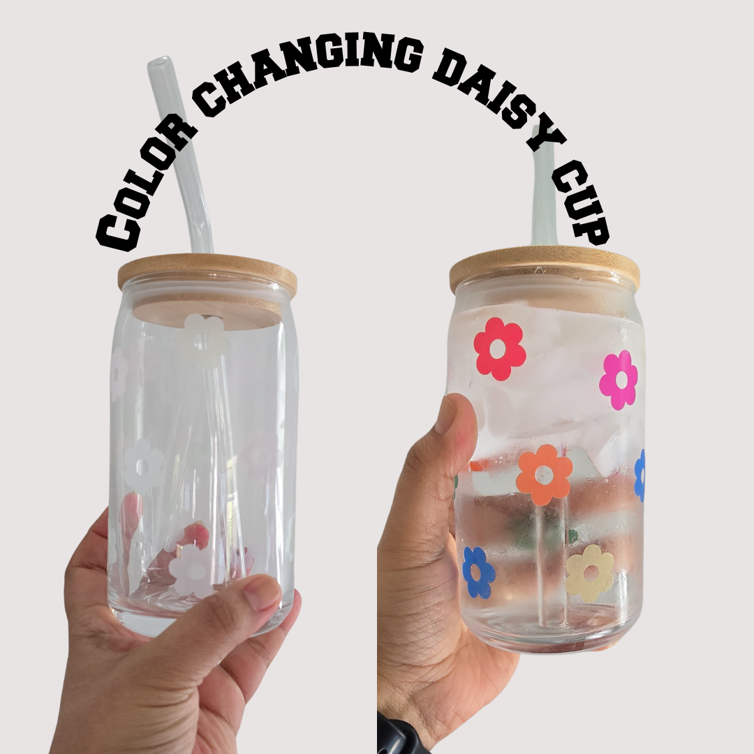 Rainbow Color Changing Daisy Glass Cup 16OZ Clear
