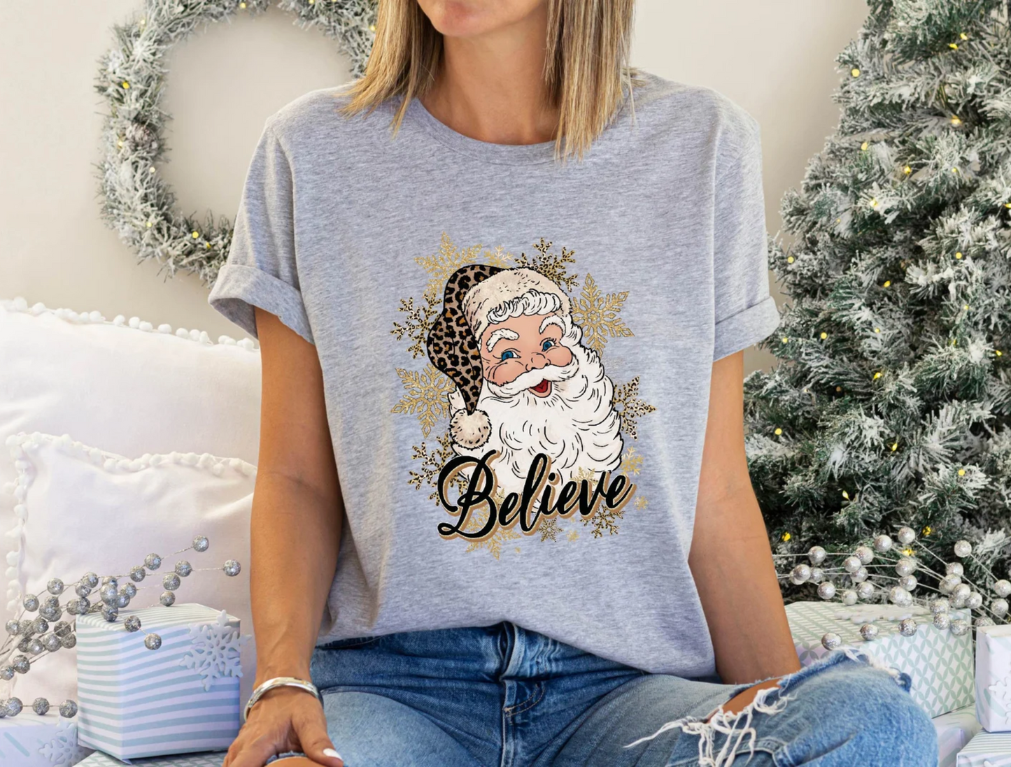 Believe Santa Sweatshirt, Leopard Santa Shirt
