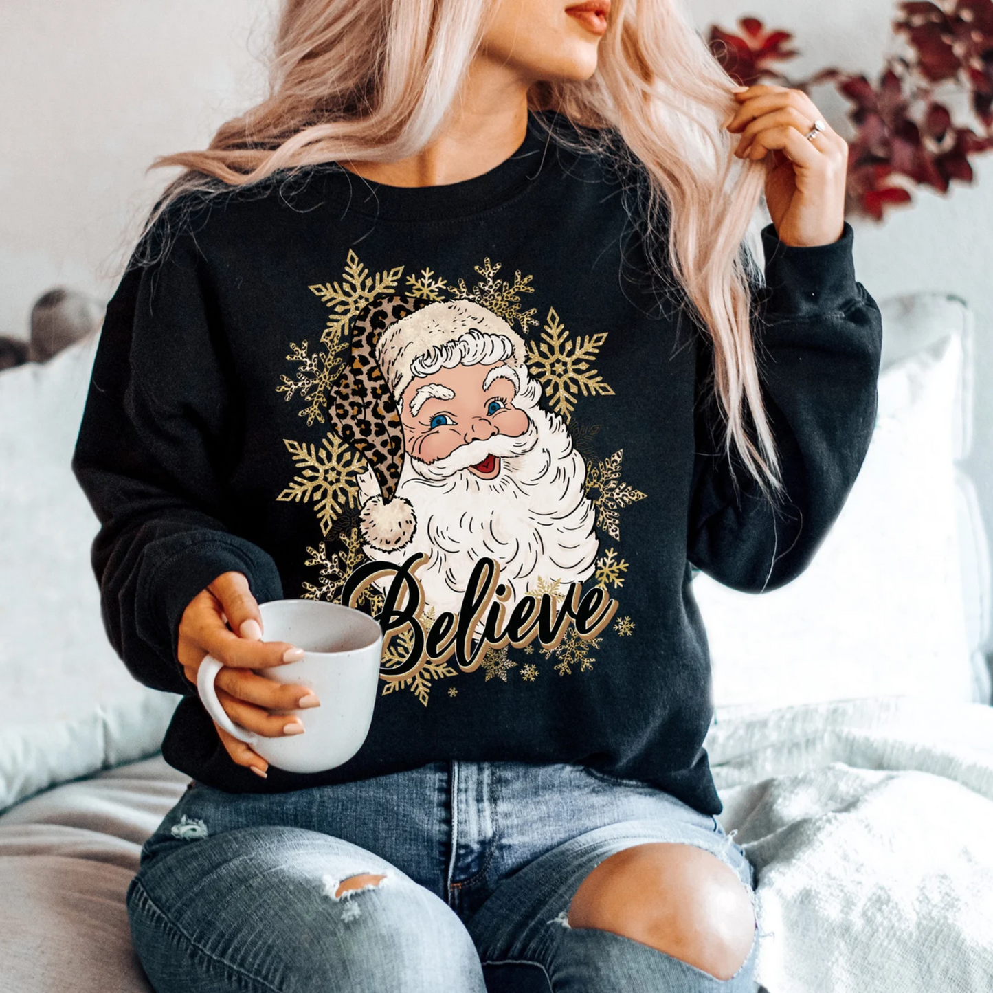 Believe Santa Sweatshirt, Leopard Santa Shirt