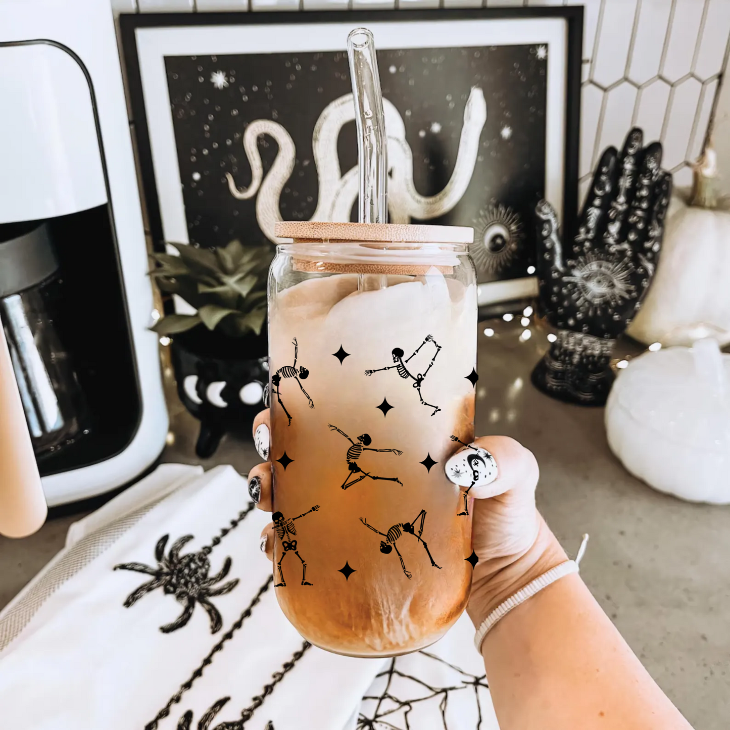 Black Skeletons Dancing Glass Tumbler
