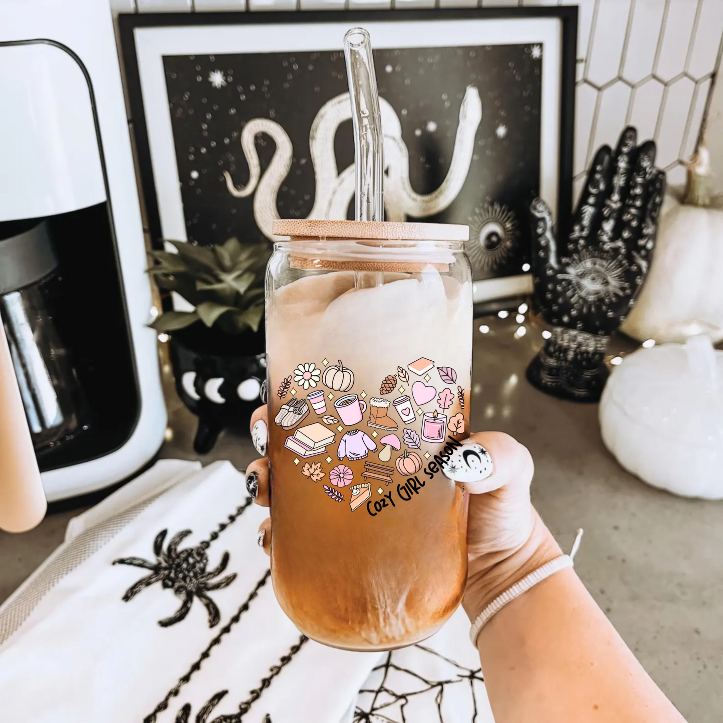 Personalized Cozy Girl Season Glass Tumbler