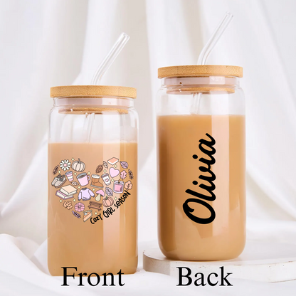 Personalized Cozy Girl Season Glass Tumbler