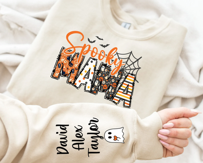 Custom Halloween Spooky Mama Sweatshirt with Kids Name on Sleeve Sweatshirt