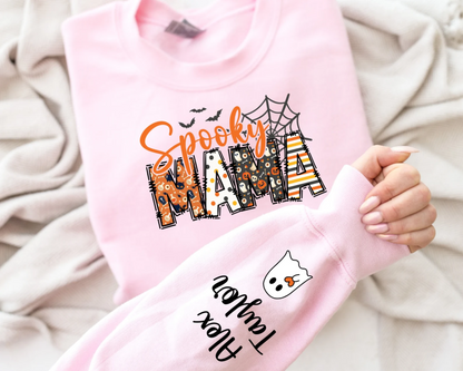 Custom Halloween Spooky Mama Sweatshirt with Kids Name on Sleeve Sweatshirt