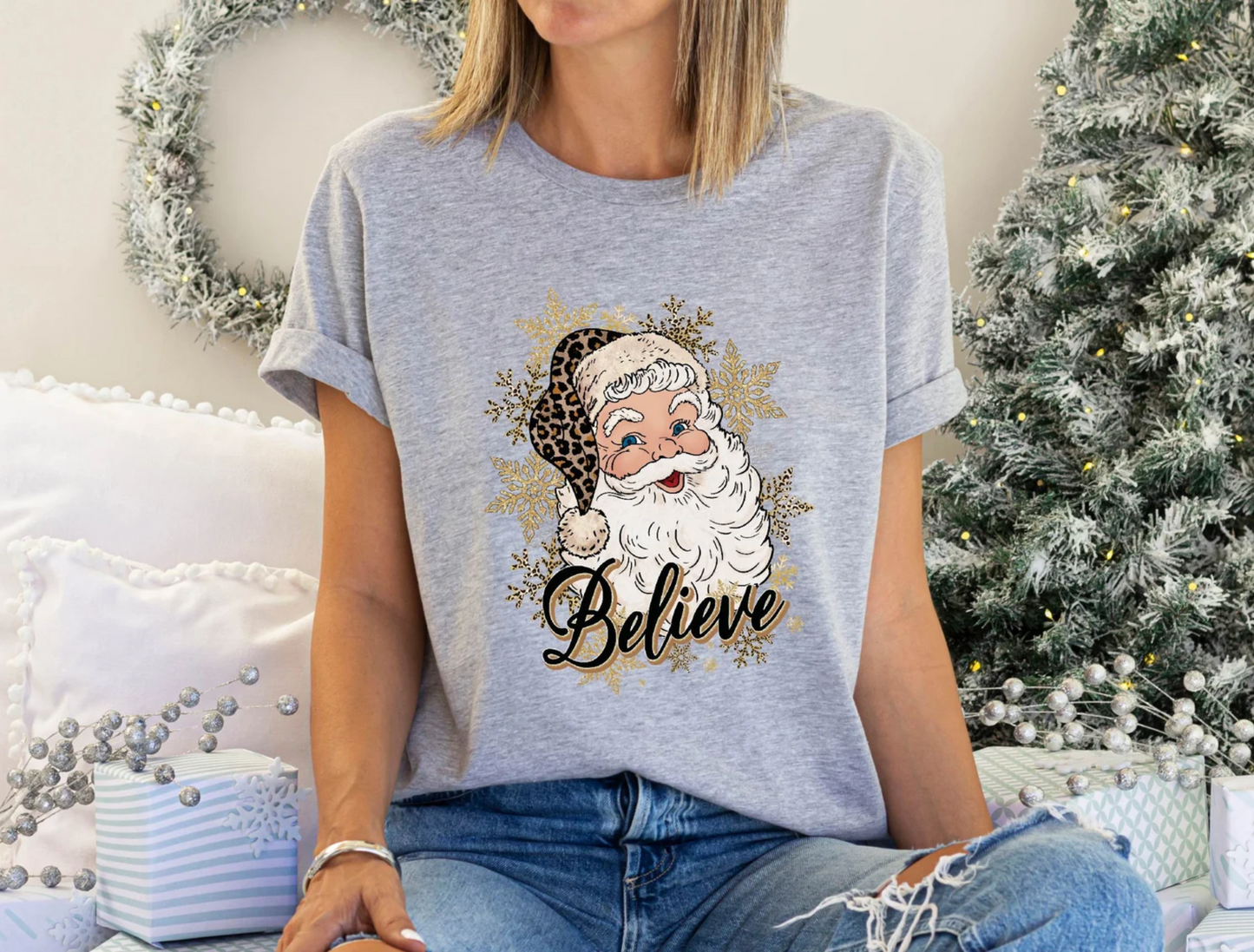 Believe Santa  Sweatshirt, Leopard Santa Shirt