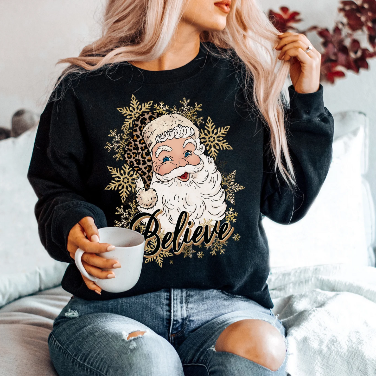 Believe Santa  Sweatshirt, Leopard Santa Shirt