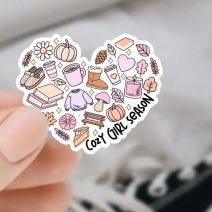Cozy girl season heart sticker, Water Resistant, Sweater Weather, Warm and Cozy Vibes, Autumn Aesthetics, Fall Lover Gift